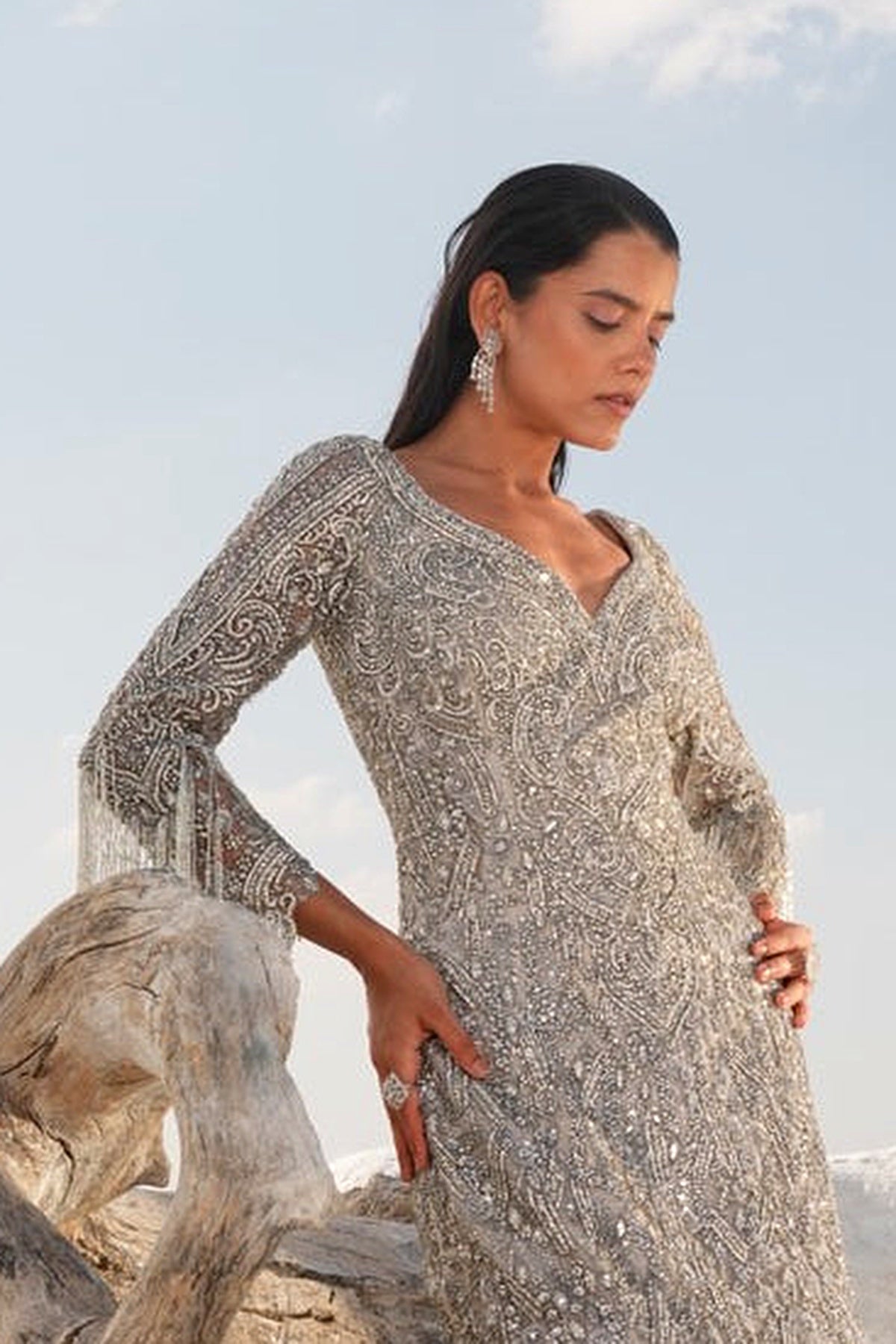 SILVER FISH CUT EMBELLISHED GOWN