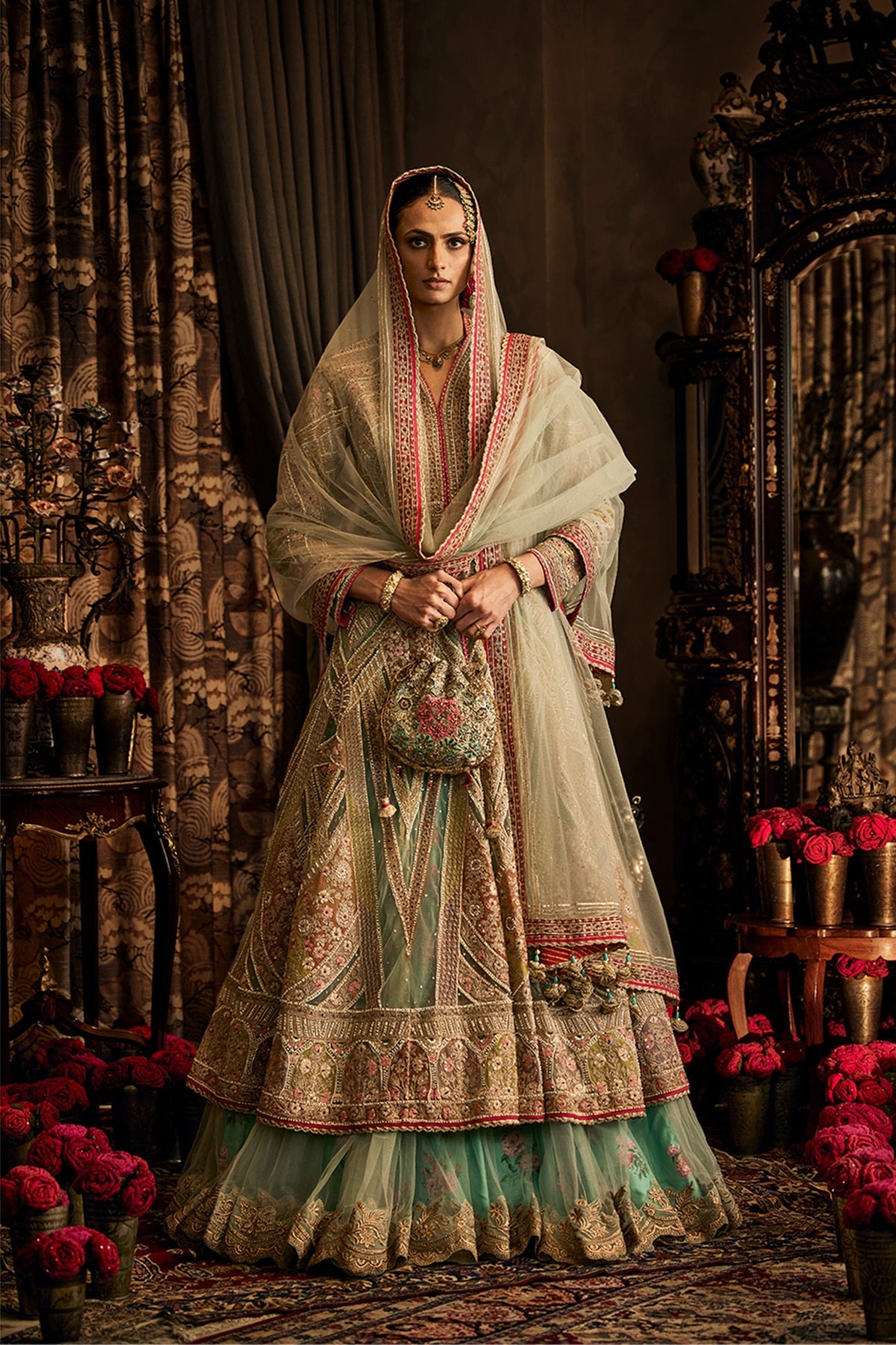 Ice Blue Tulle Kalidar Jacket and Lehenga