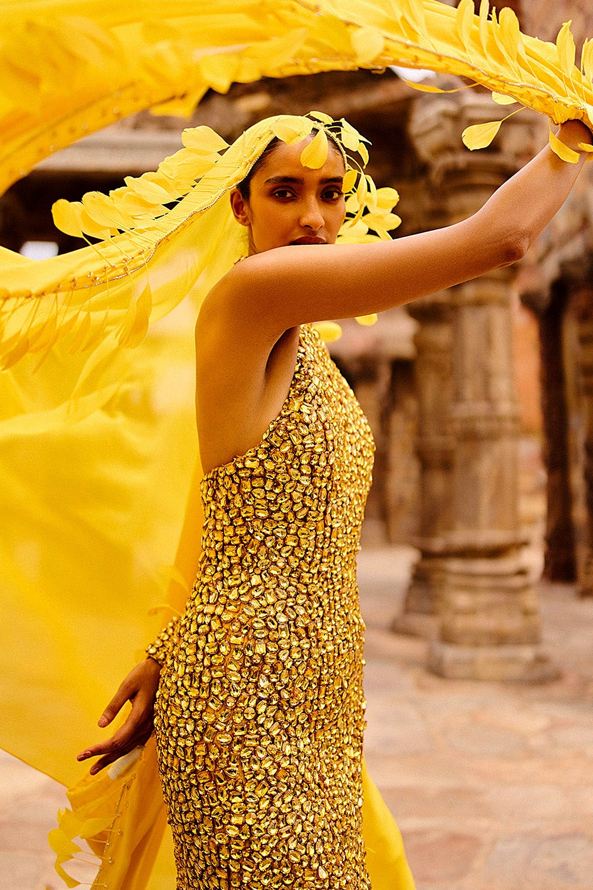Sonee Yellow Stone Dress With Cape