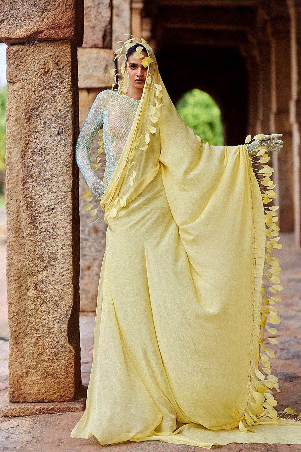 Praavya Yellow Gown With Gloves And Atta