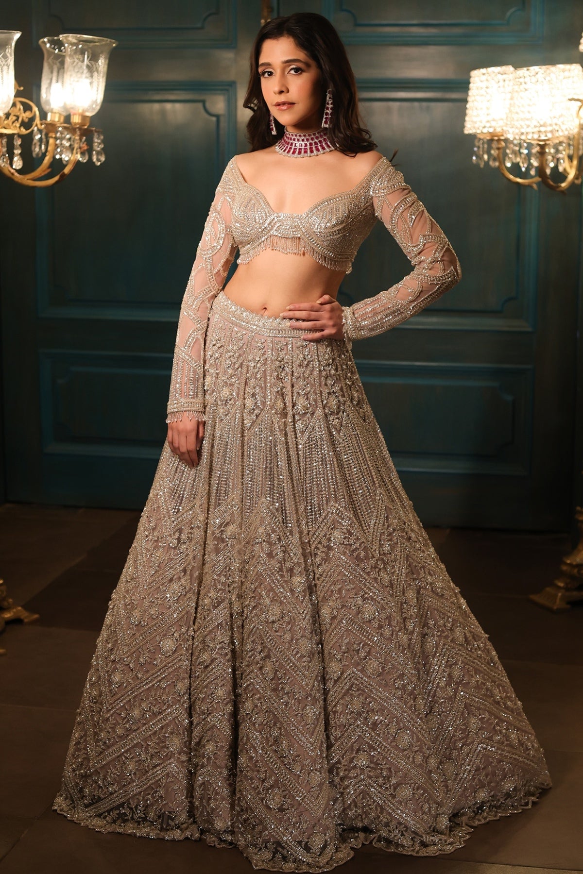 Greyish-Beige Net Sequins Hand Embroidered Lehenga Set