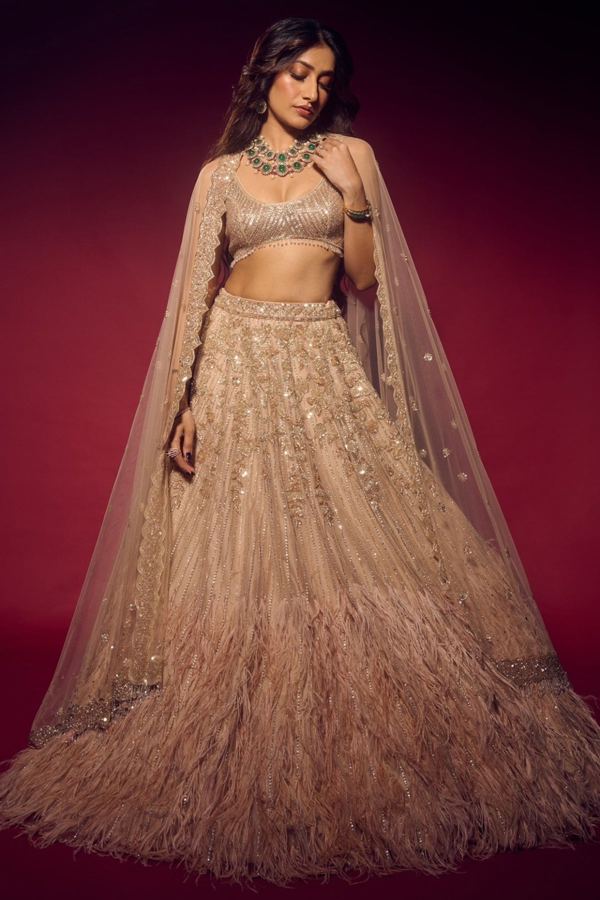 Peachy Gold Net Sequins & Crystal Hand Embroidered Lehenga Set