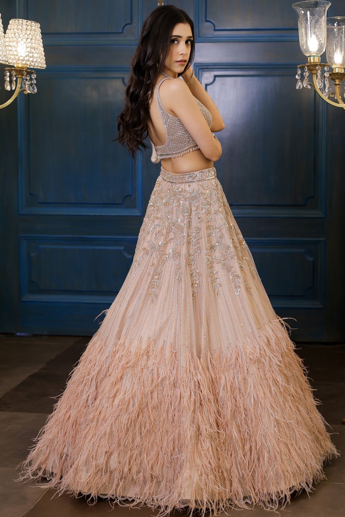 Peachy Gold Net Sequins & Crystal Hand Embroidered Lehenga Set