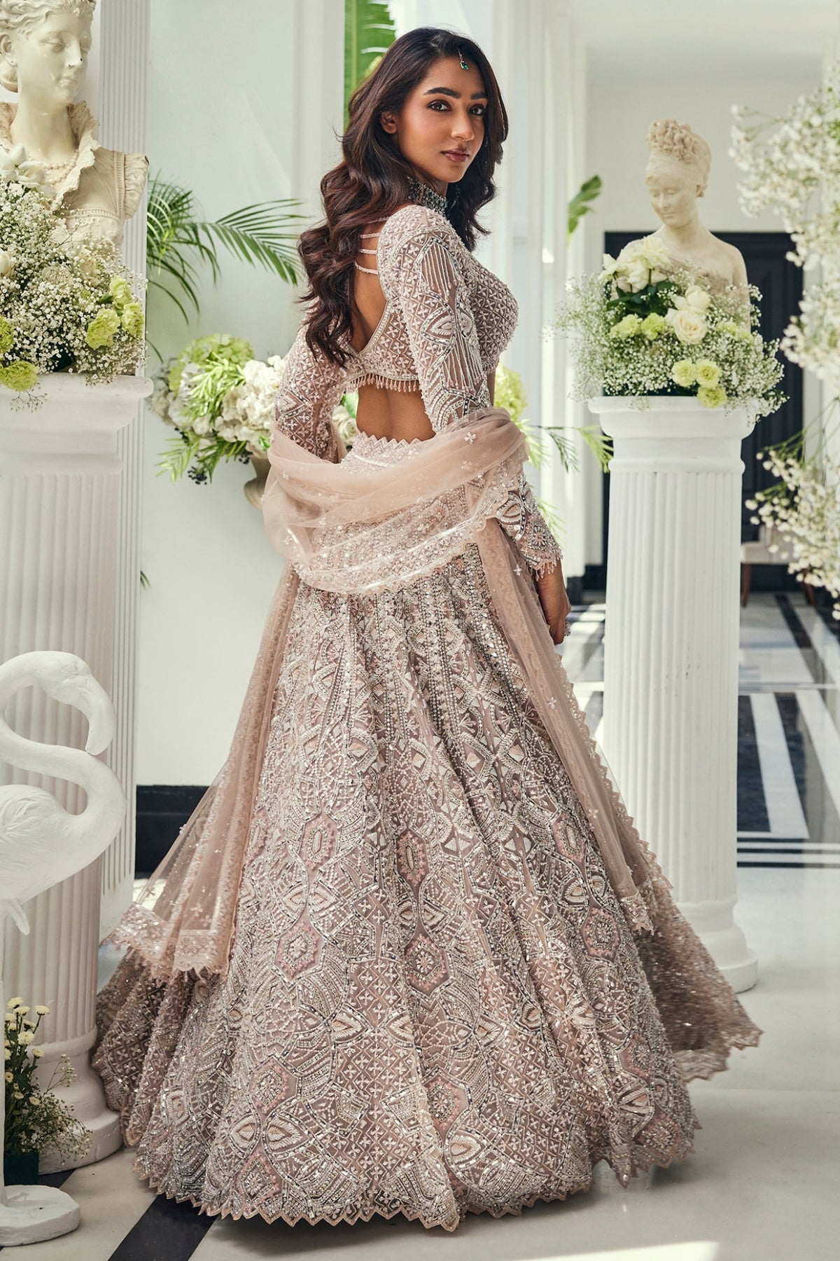 Dusty Pink Net Cutdana Embellished Lehenga Set