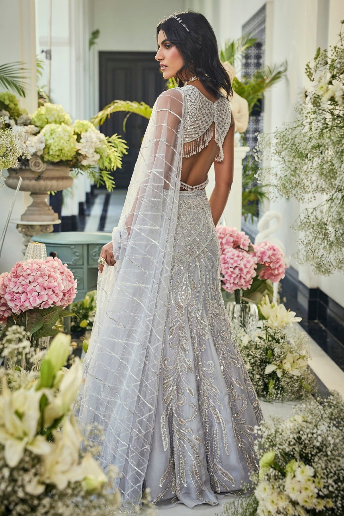 Ice Blue Organza Embroidered Fish Cut Lehenga Set