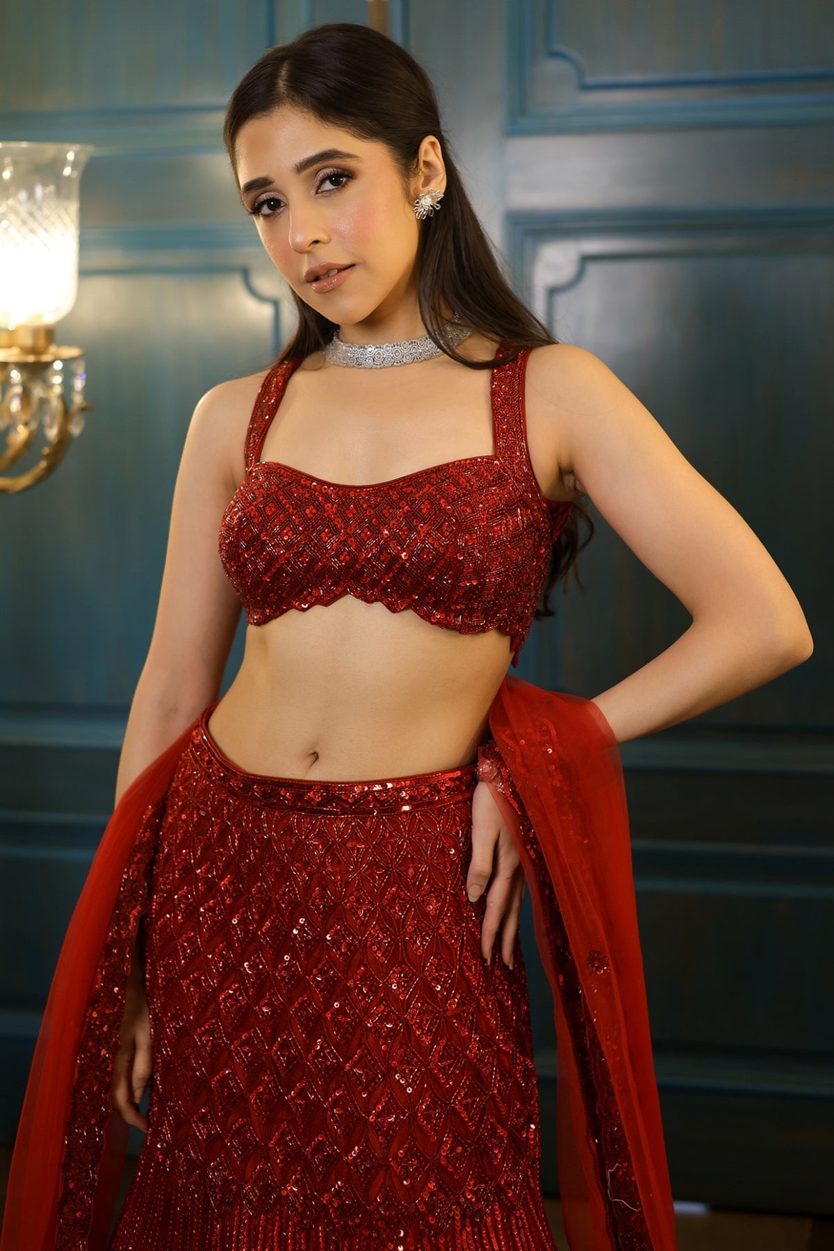 Red Net Sequins Embroidered Fish-Cut Lehenga Set