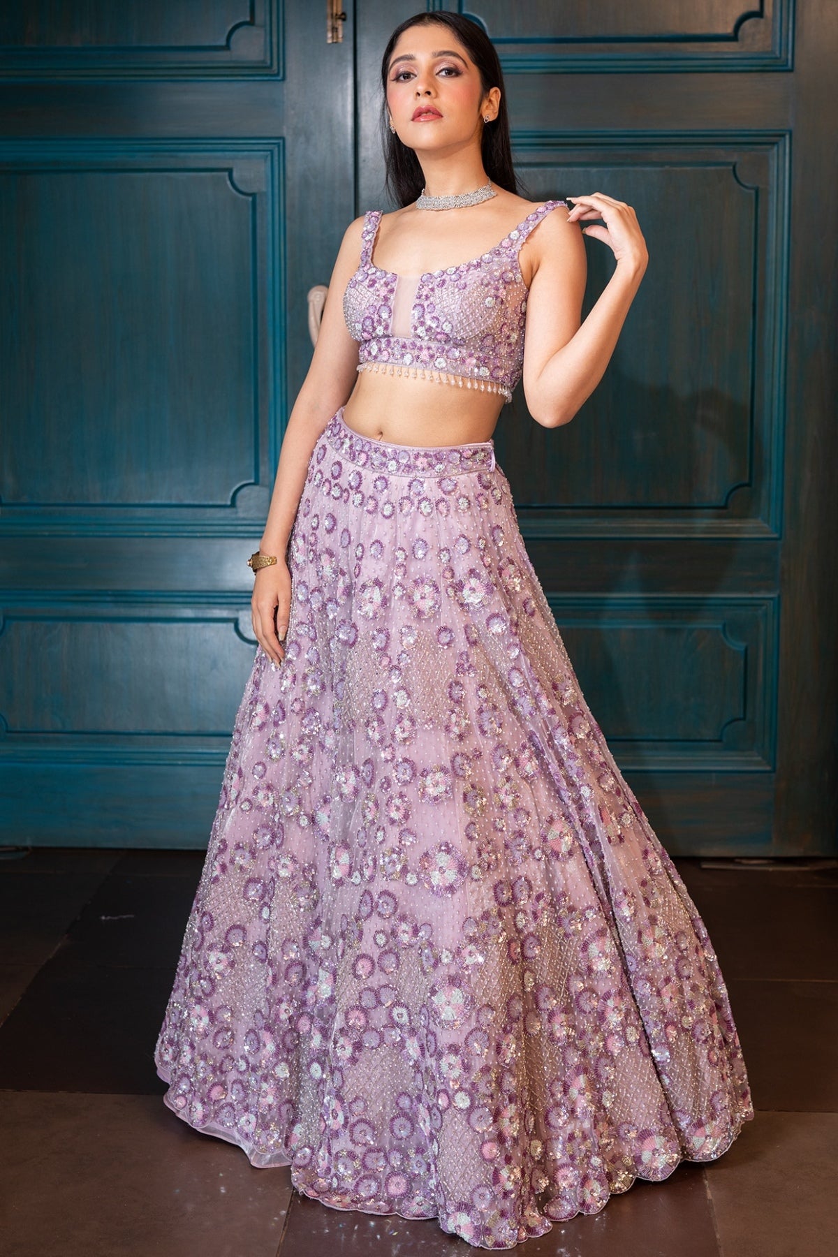Lilac Net Embroidered Lehenga Set