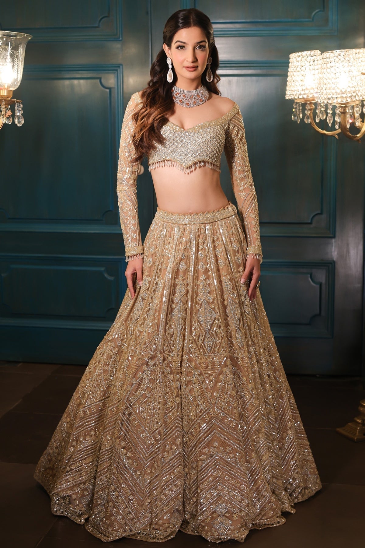 Light Gold Net Sequins Embroidered Lehenga Set