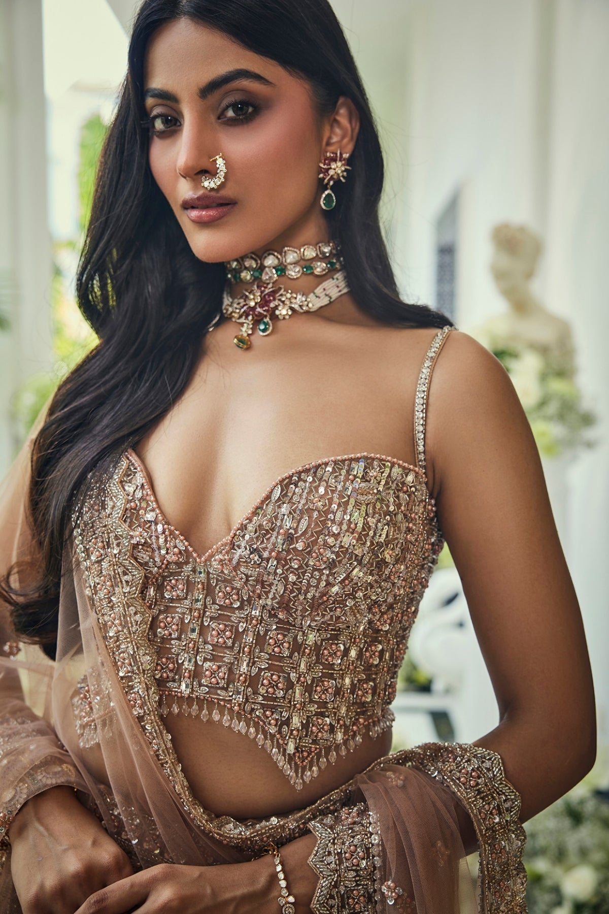 Walnut Gold Net Sequins & Crystal Embroidered Lehenga Set