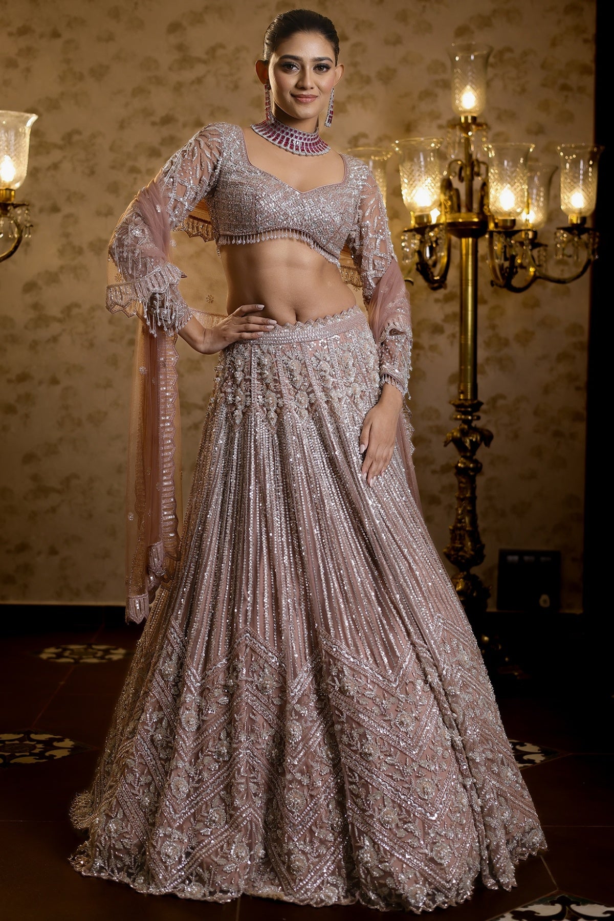 Biscoff Pink Net Sequins & Cutdana Embroidered Lehenga Set