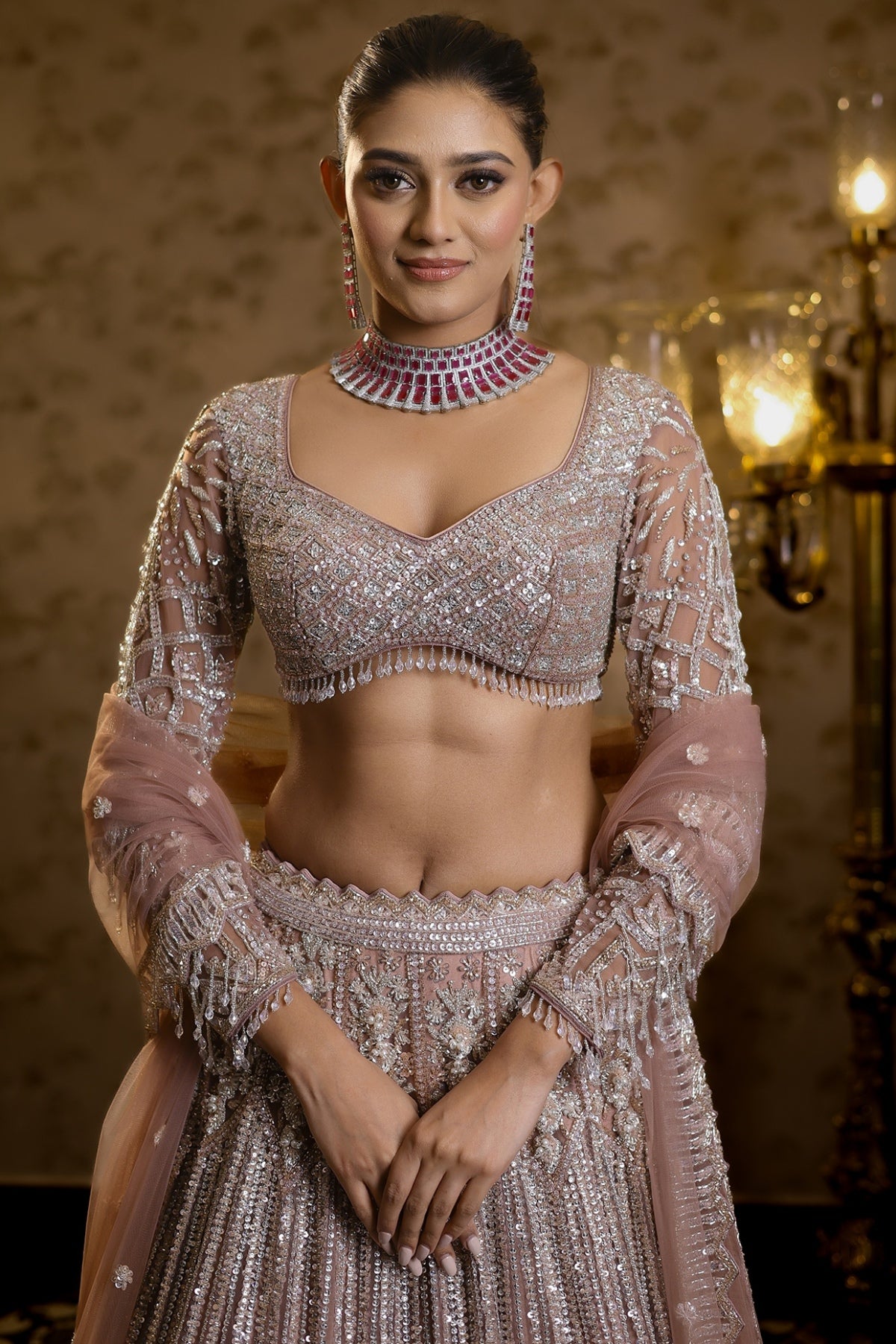 Biscoff Pink Net Sequins & Cutdana Embroidered Lehenga Set