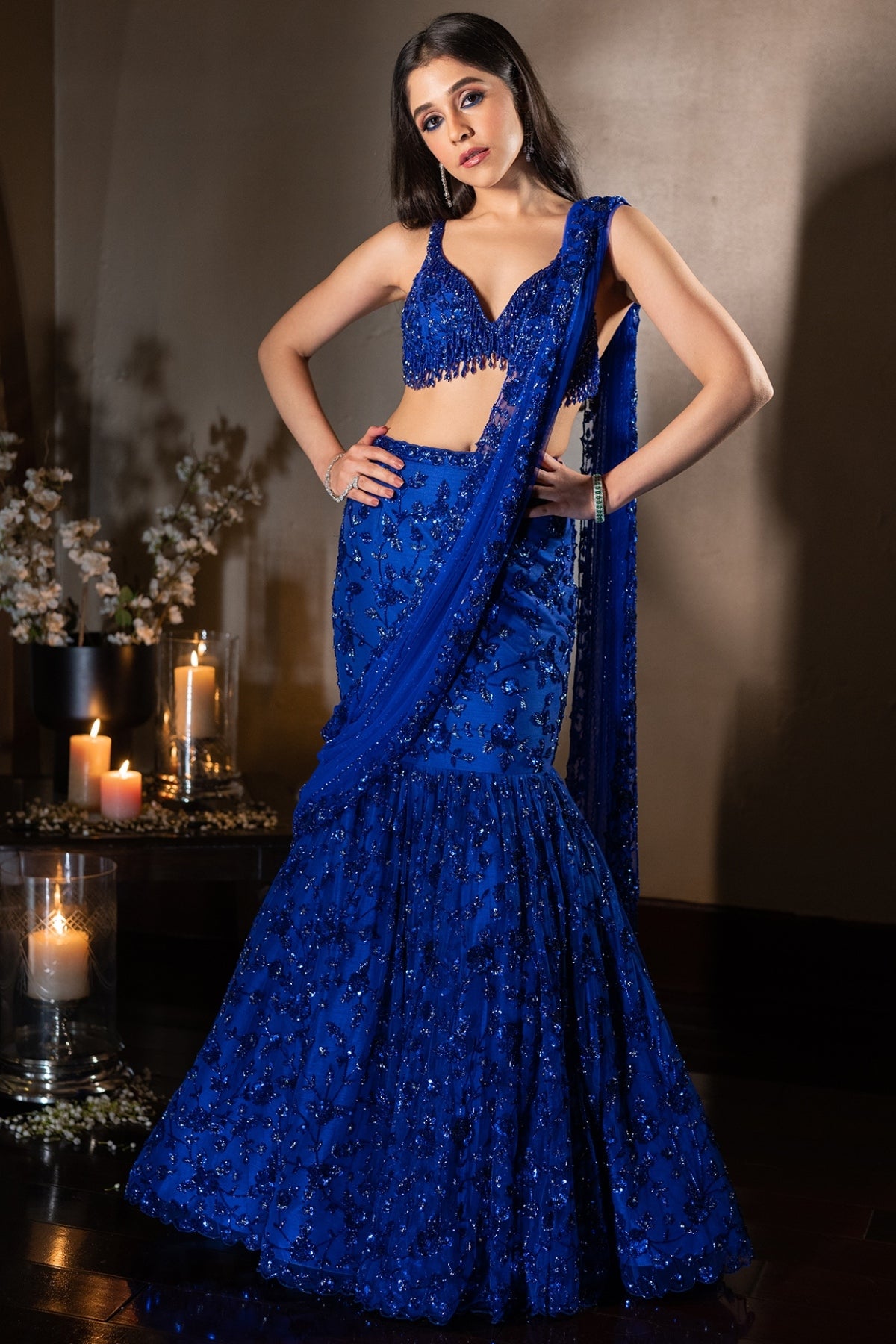 Electric Blue Net Embroidered Fish-Cut Lehenga Set