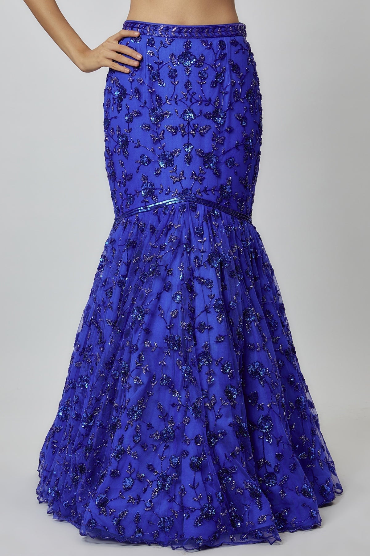 Electric Blue Net Embroidered Fish-Cut Lehenga Set