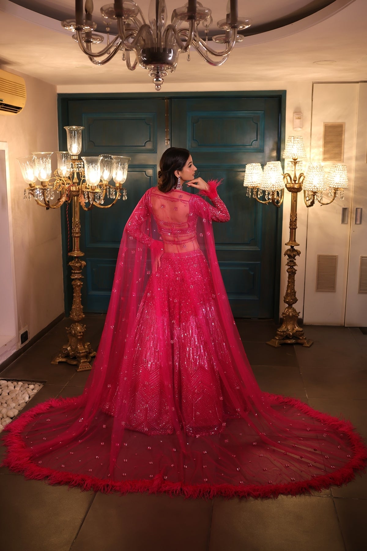 Hot Pink Net Sequins Embroidered Lehenga Set