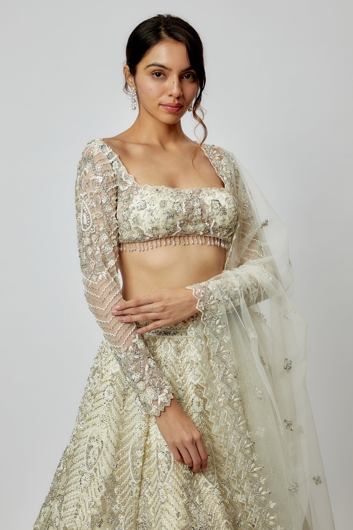 Ivory Net Embroidered Lehenga Set