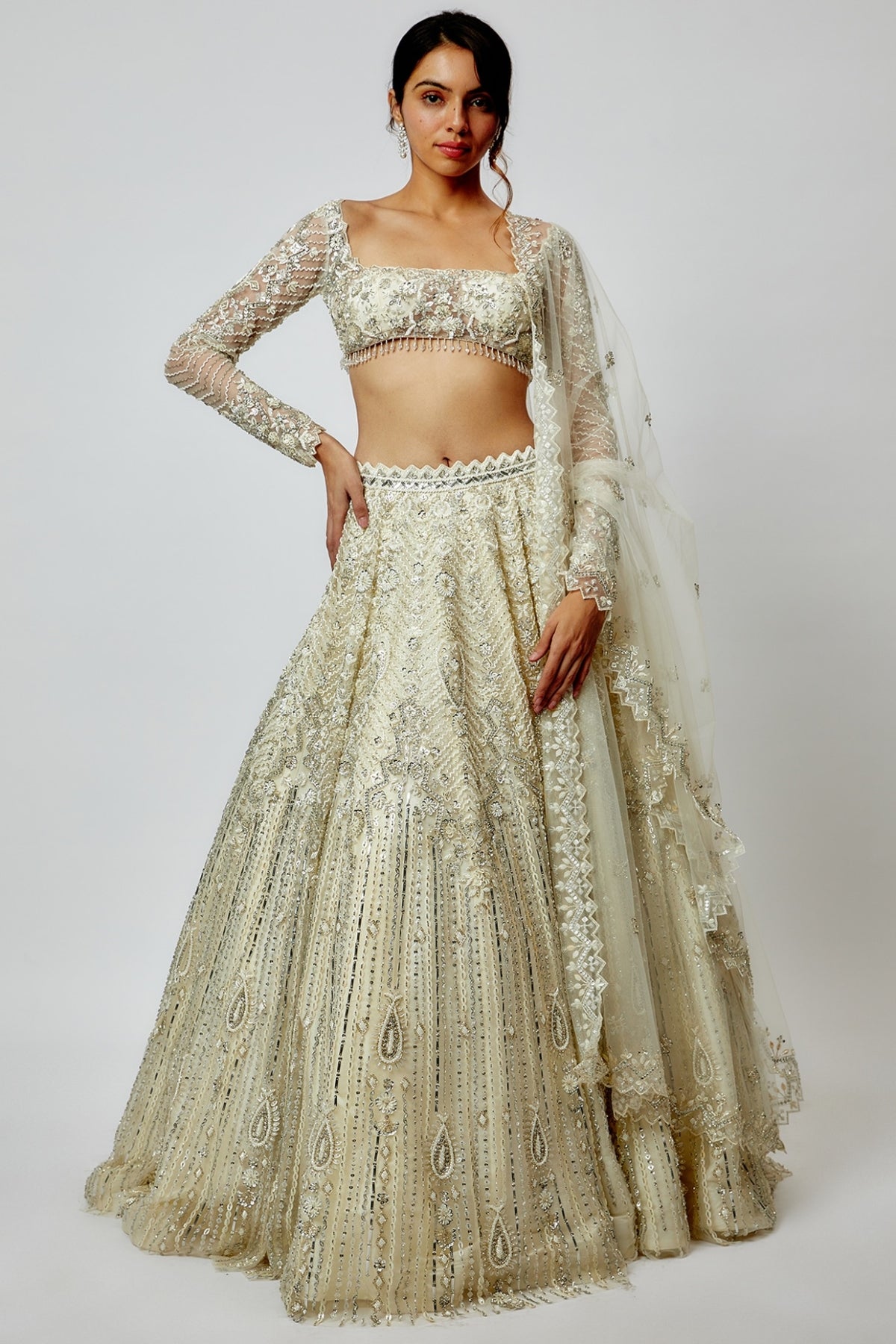 Ivory Net Embroidered Lehenga Set