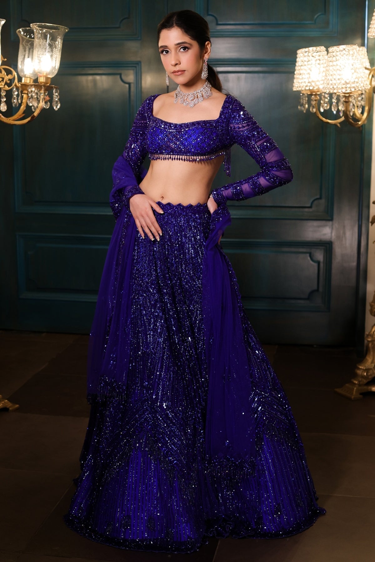 Electric Blue Net Sequins Embroidered Lehenga Set