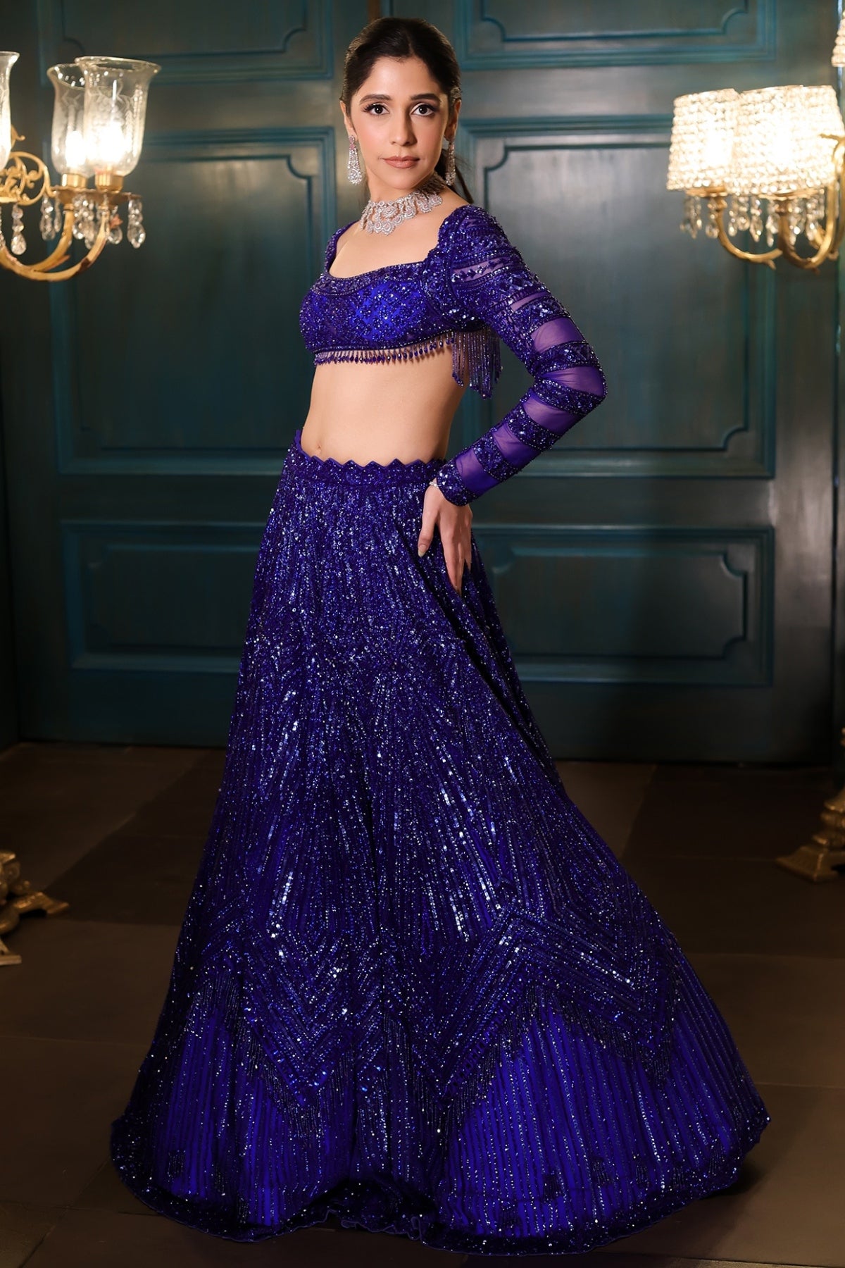 Electric Blue Net Sequins Embroidered Lehenga Set