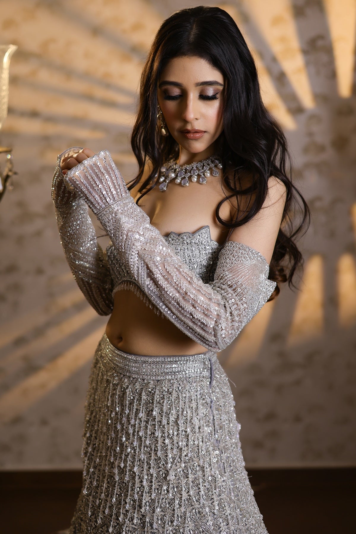 Silver Net Sequins & Cutdana Embroidered Lehenga Set
