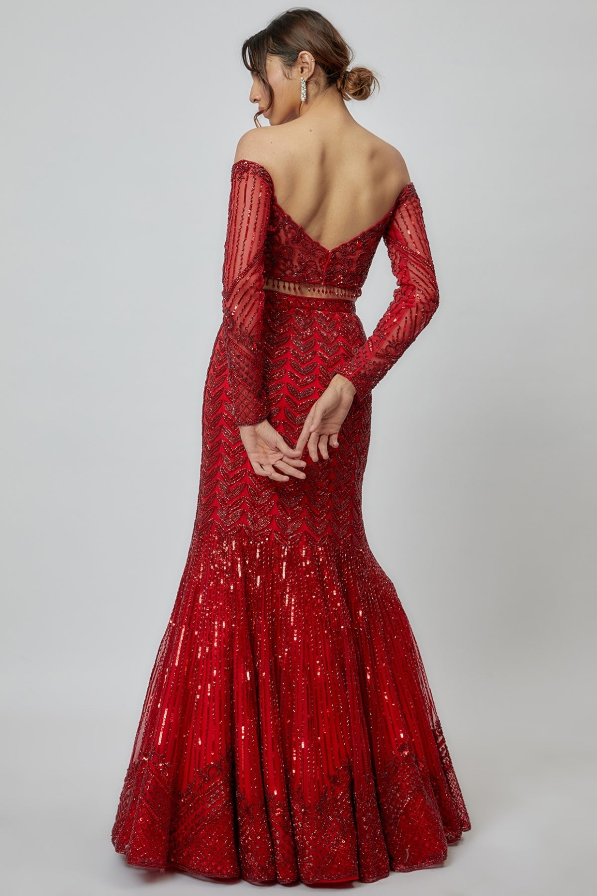 Red Net Embroidered Fish Cut Lehenga Set