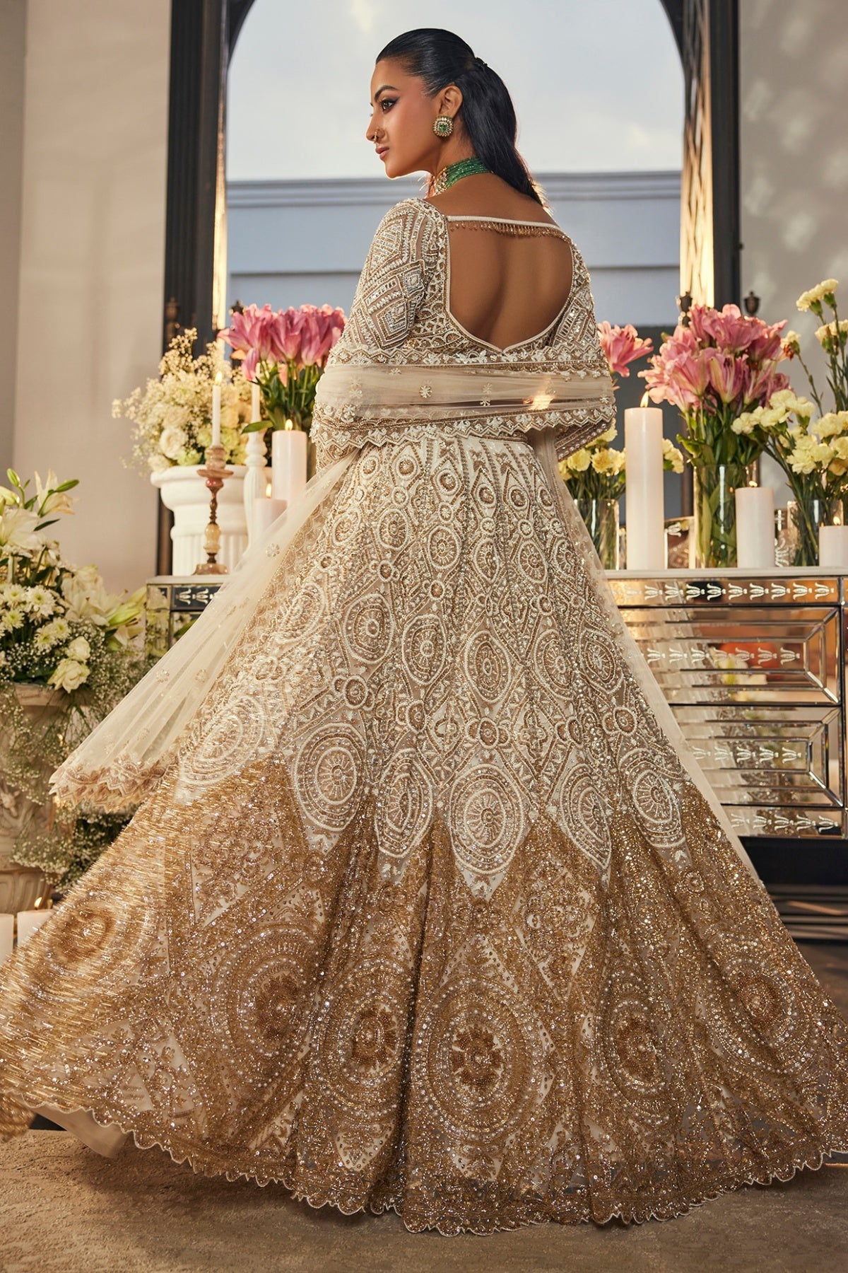 Ivory & Gold Net Sequins & Cutdana Embroidered Lehenga Set
