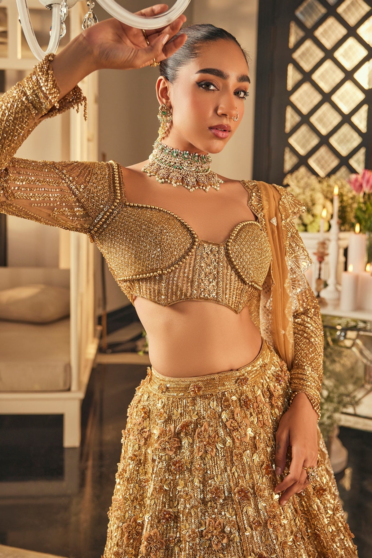 Gold & Silver Ombre Net Sequins Embroidered Lehenga Set