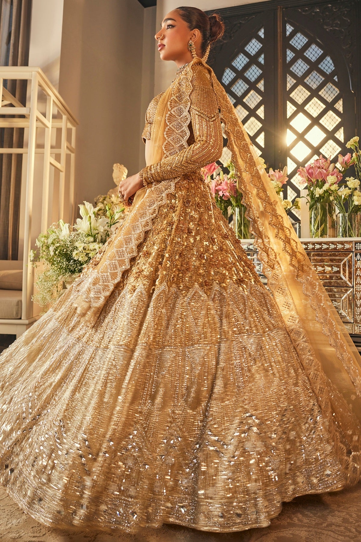 Gold & Silver Ombre Net Sequins Embroidered Lehenga Set