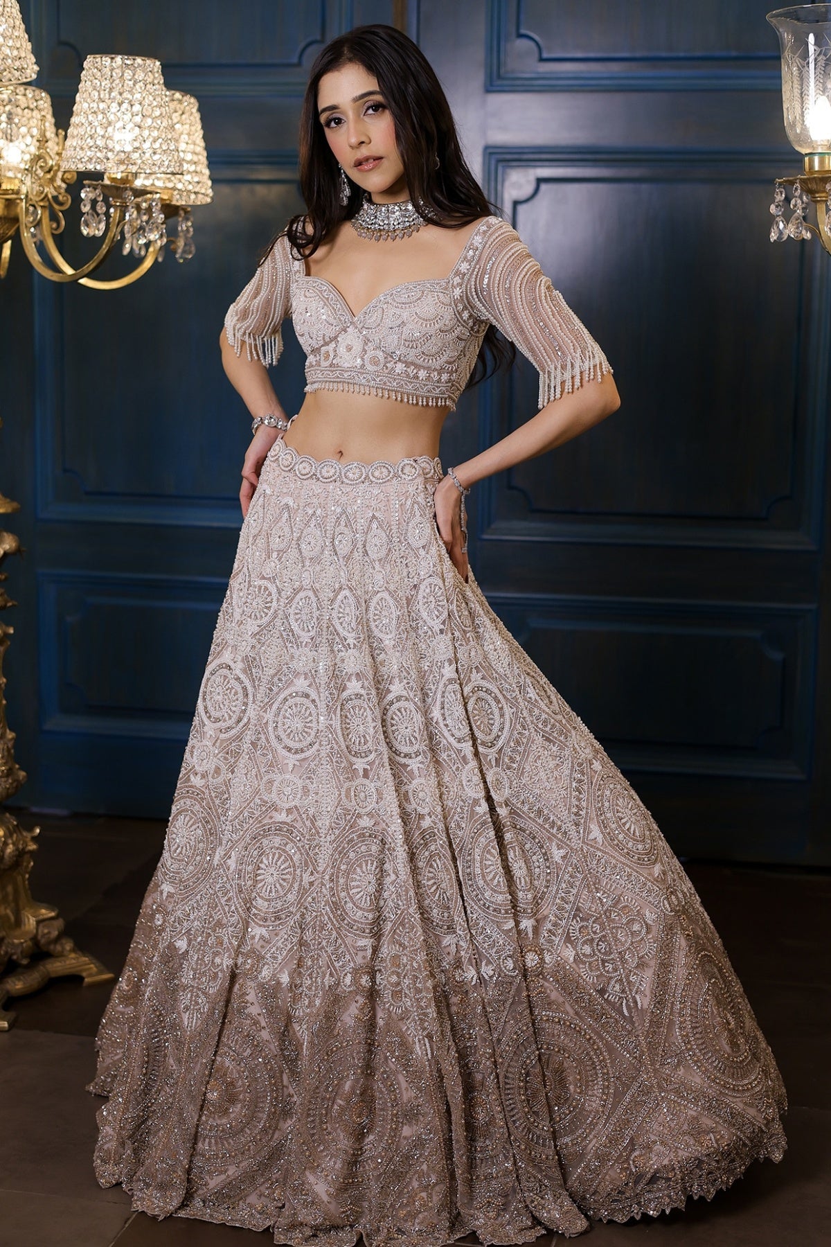 Ivory & Champagne Ombre Net Sequins Embroidered Lehenga Set