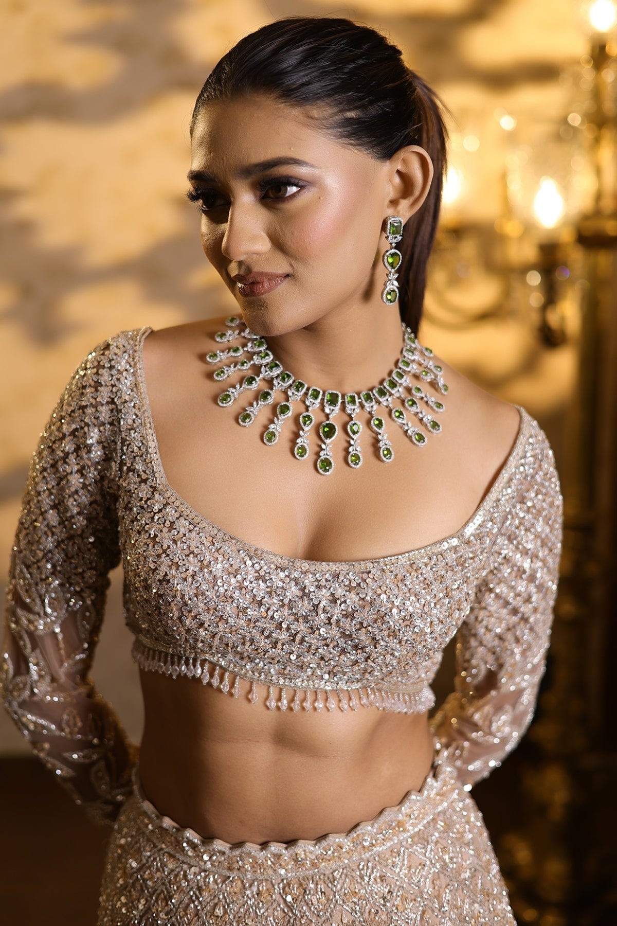 Beige Gold Net Crystal Hand Embroidered Lehenga Set