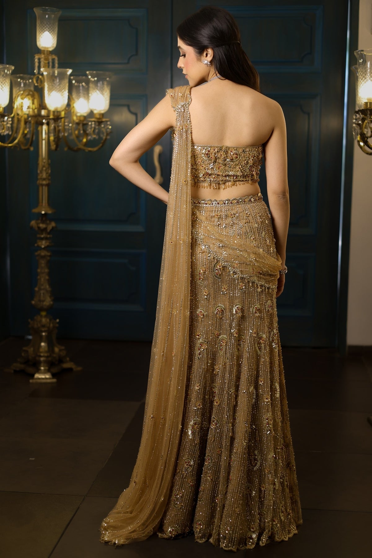 Gold Net Crystal Embroidered Pre-Draped Skirt Saree Set