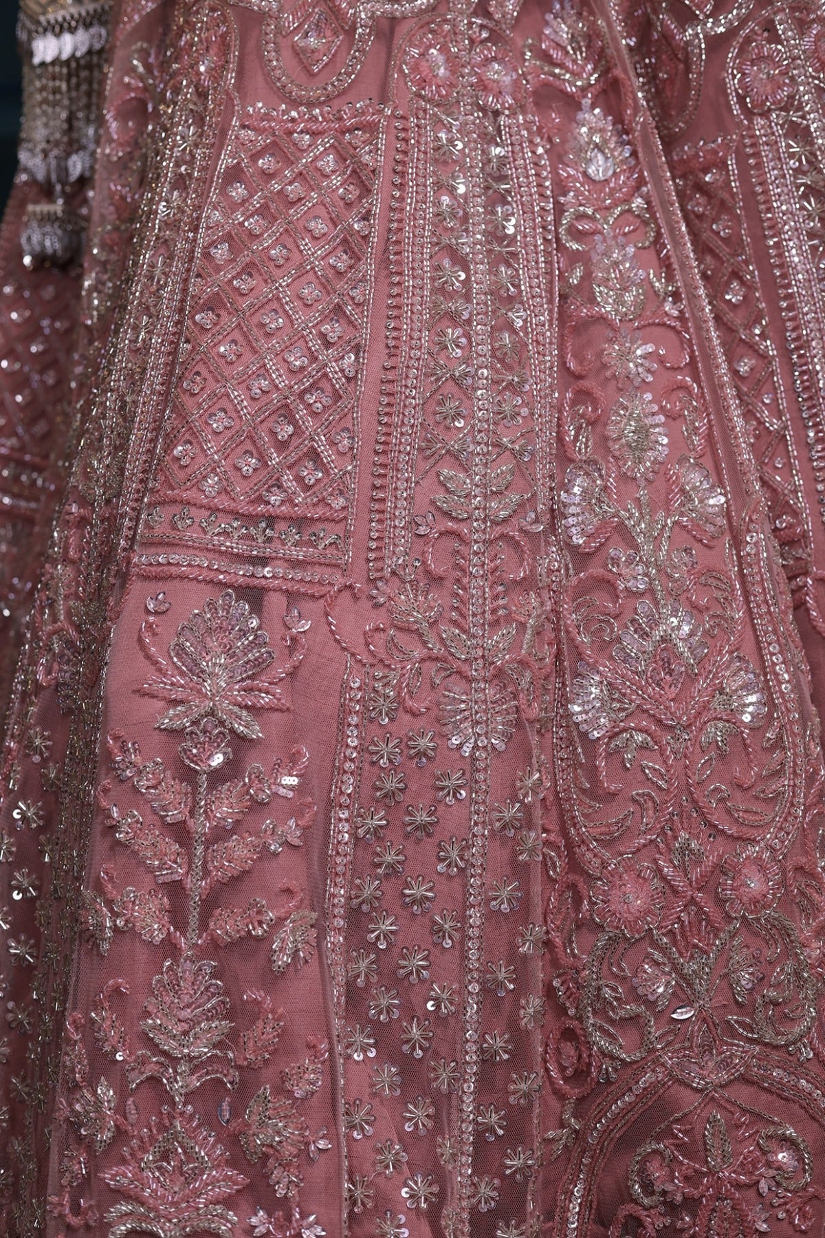 Dusty Pink Net Sequins & Pearls Embroidered Lehenga Set