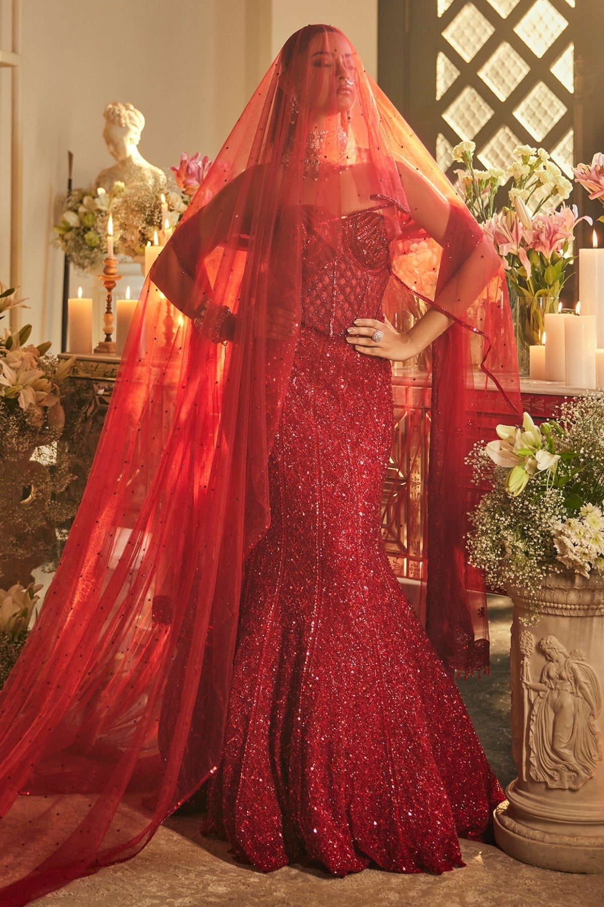 Scarlet Red Net Sequins & Cutdana Embroidered Fish-Cut Lehenga Set