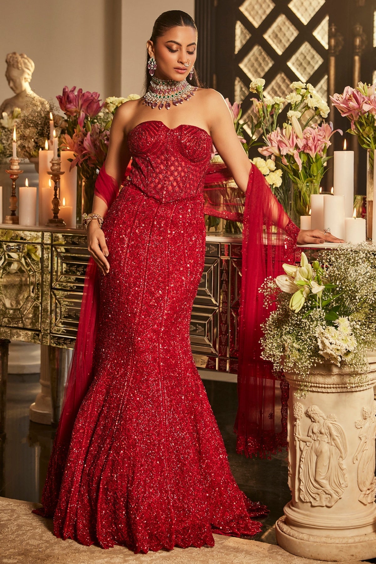 Scarlet Red Net Sequins & Cutdana Embroidered Fish-Cut Lehenga Set