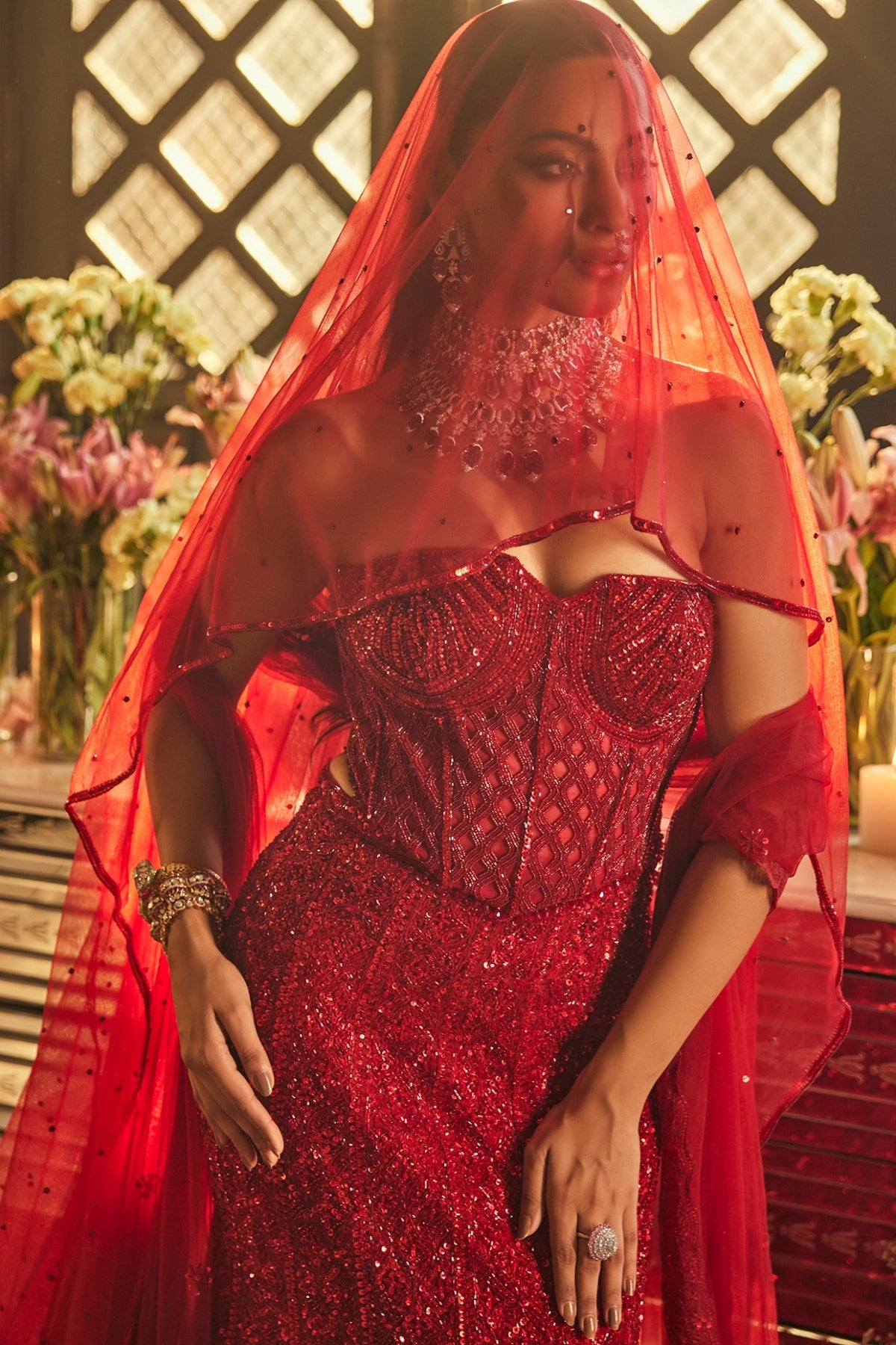Scarlet Red Net Sequins & Cutdana Embroidered Fish-Cut Lehenga Set