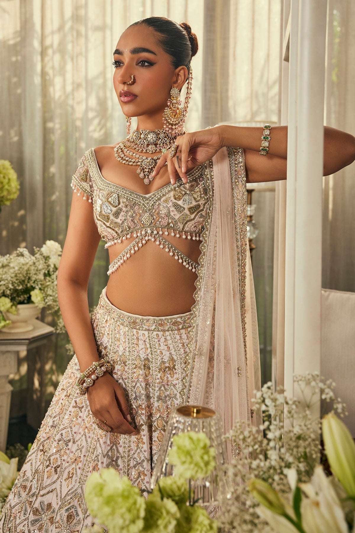 Blush Pink Raw Silk Sequins & Zardosi Embroidered Lehenga Set