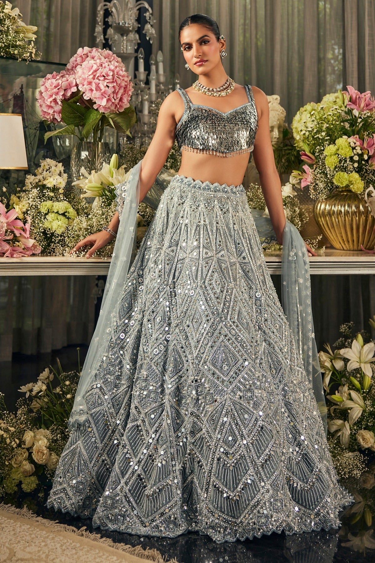 Blue Net Mirror & Sequins Embroidered Lehenga Set