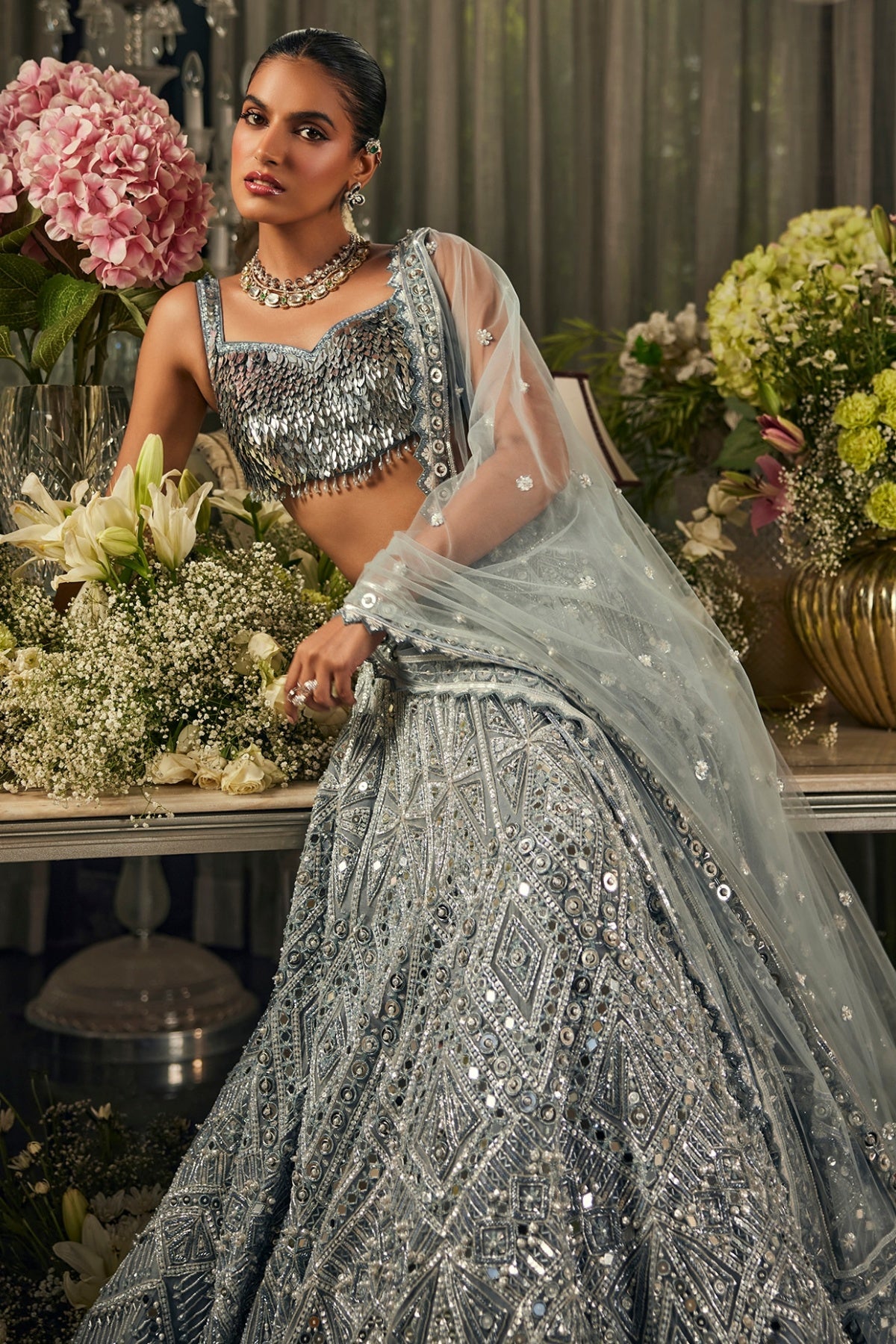 Blue Net Mirror & Sequins Embroidered Lehenga Set