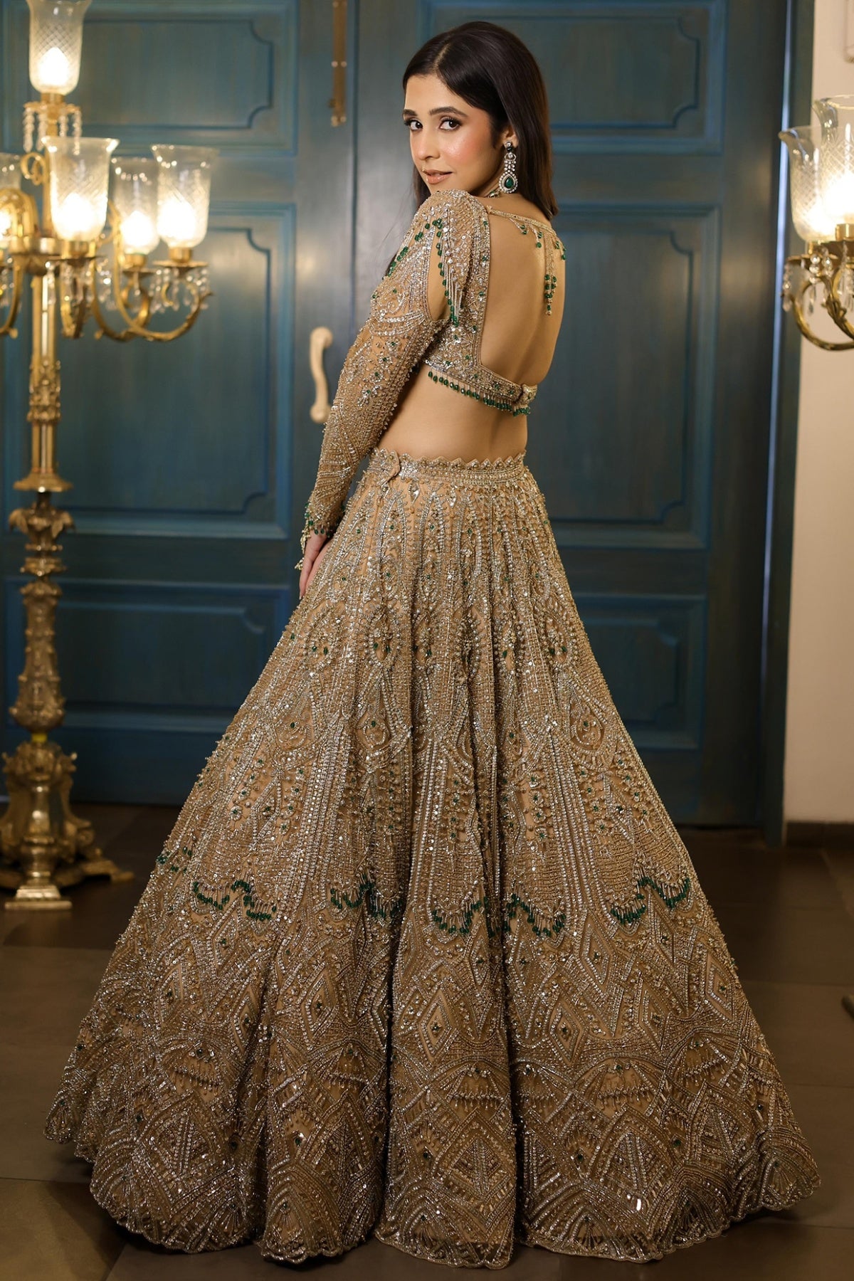 Gold Net Floral Embroidered Lehenga Set