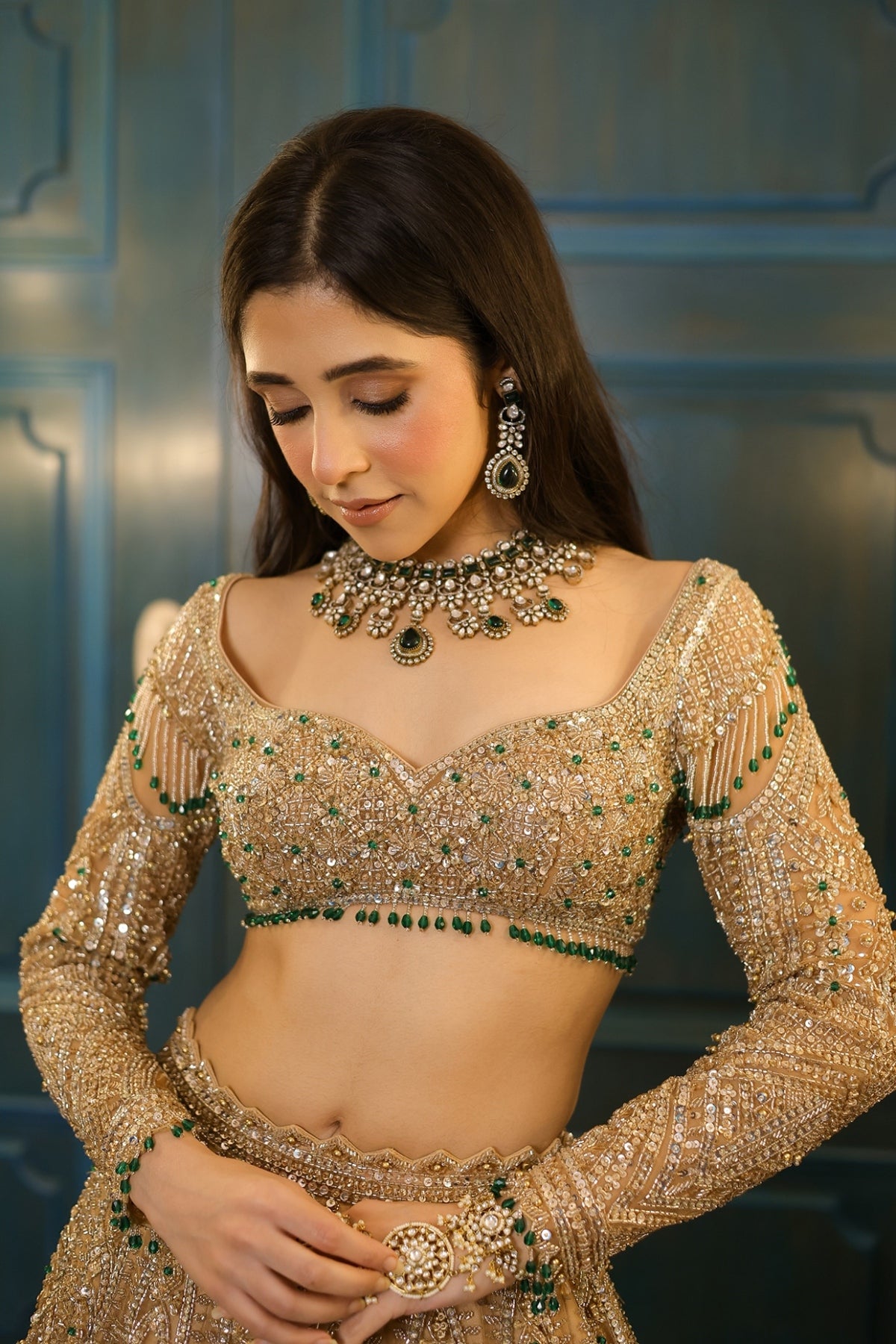 Gold Net Floral Embroidered Lehenga Set