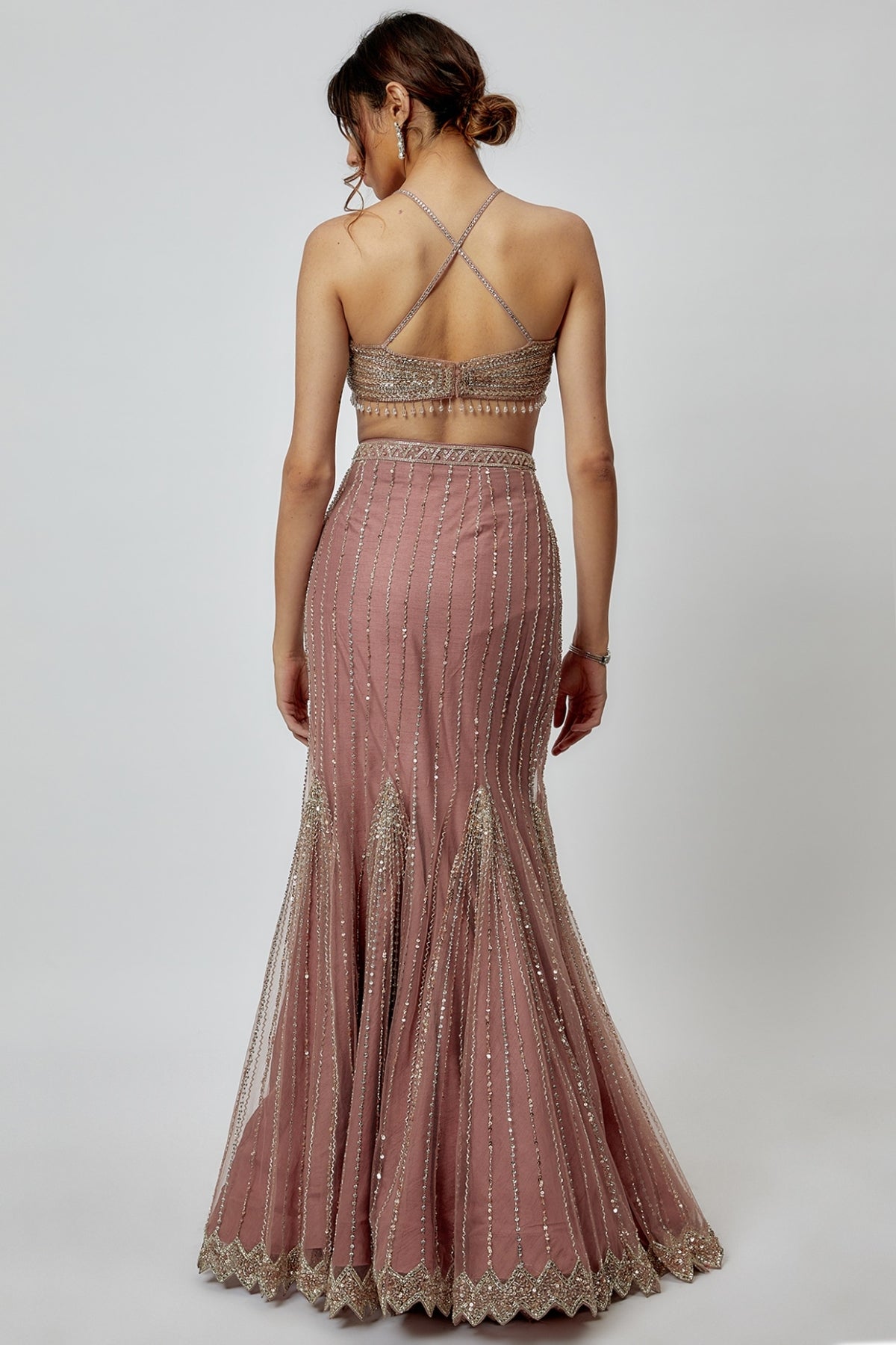 Champagne Pink Net Embroidered Pre-Draped Saree Set