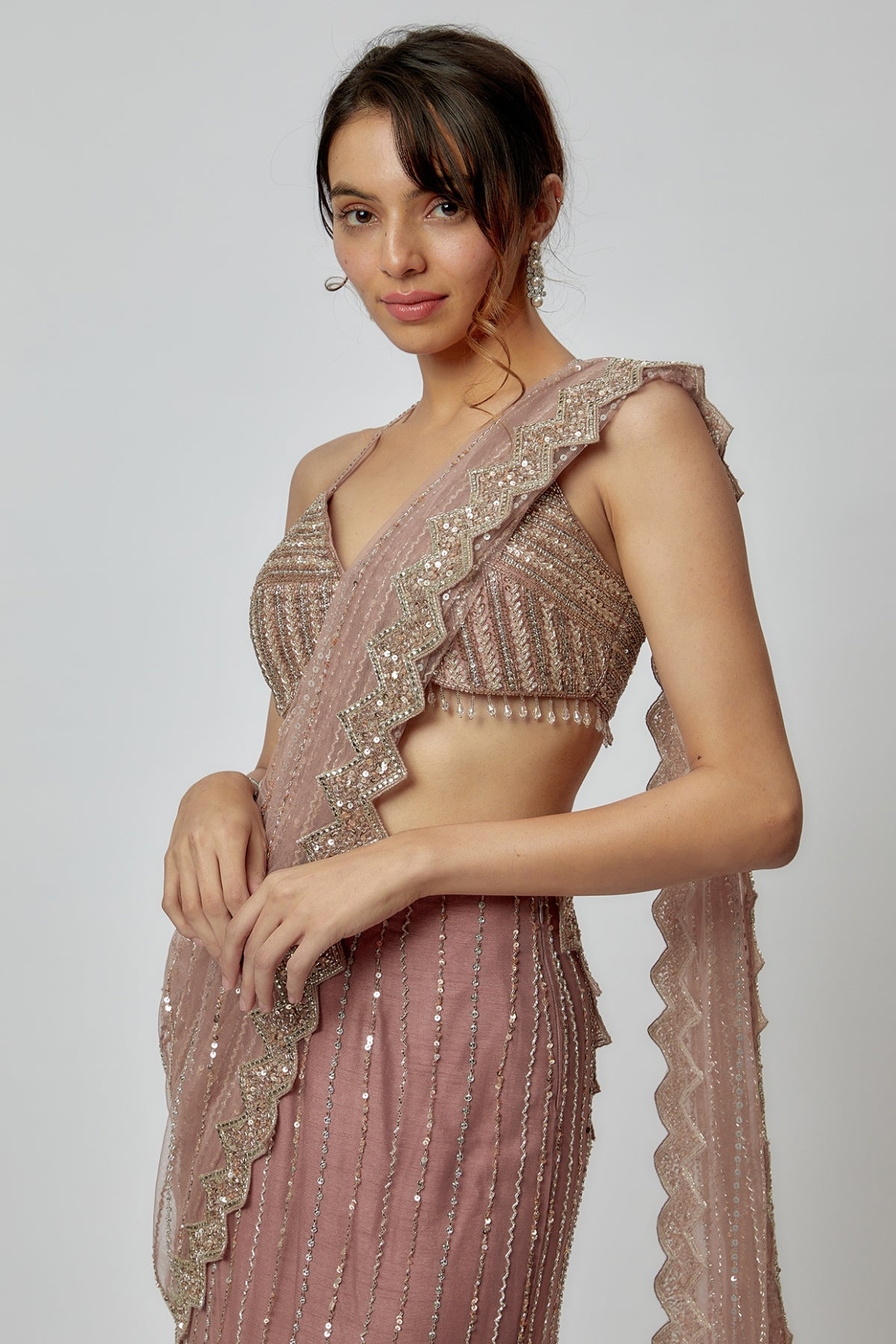 Champagne Pink Net Embroidered Pre-Draped Saree Set