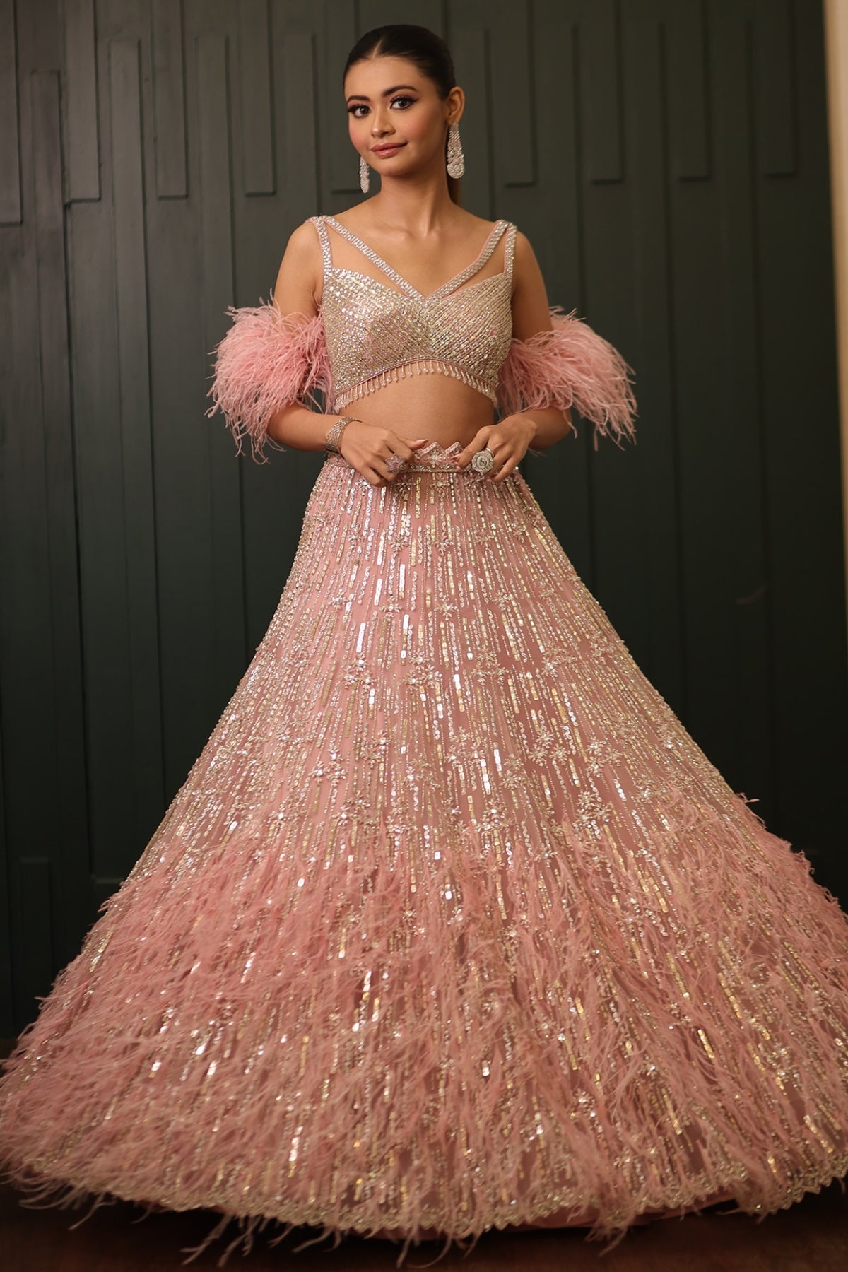 Pink Net Sequins & Cutdana Embroidered Lehenga Set