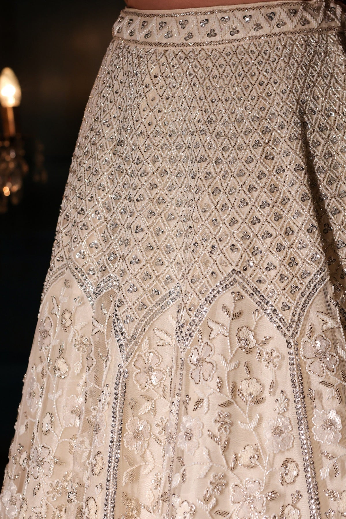 Ivory Net Sequins & Pearl Embroidered Lehenga Set