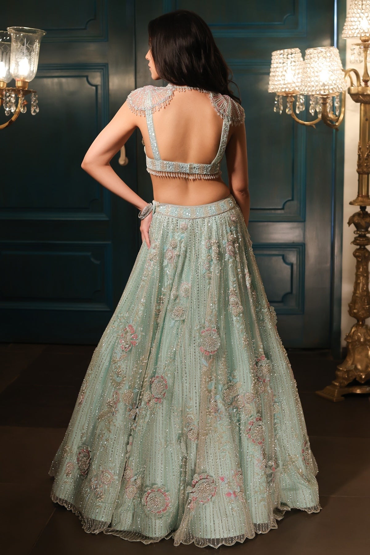 Sea Green Net Hand Embroidered Lehenga Set