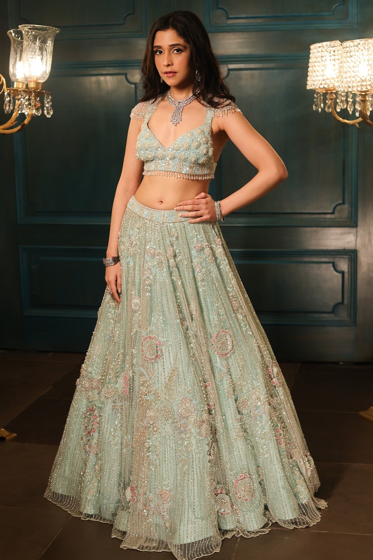 Sea Green Net Hand Embroidered Lehenga Set