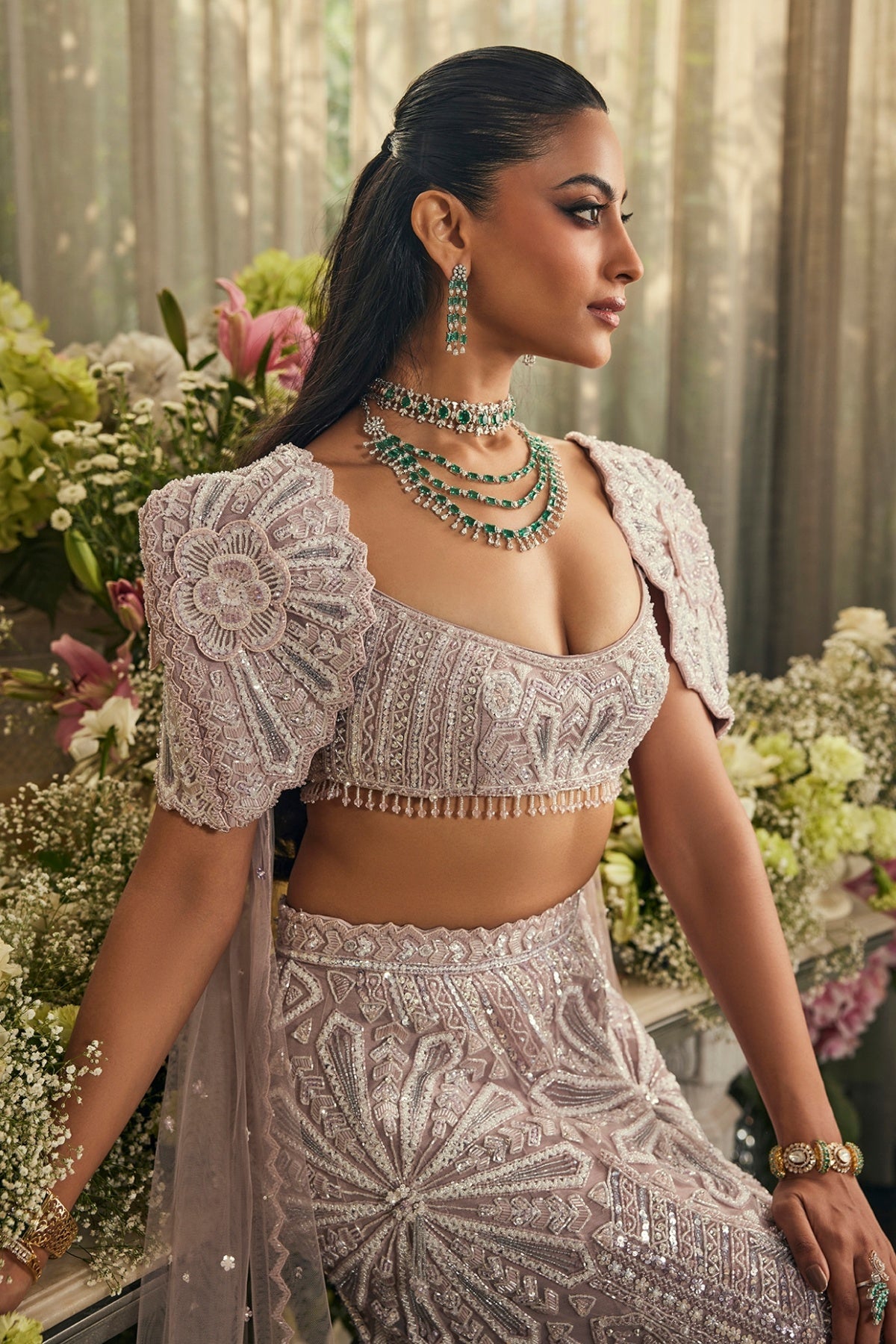Lavender Net Sequins & Cudana Embroidered Mermaid Lehenga Set
