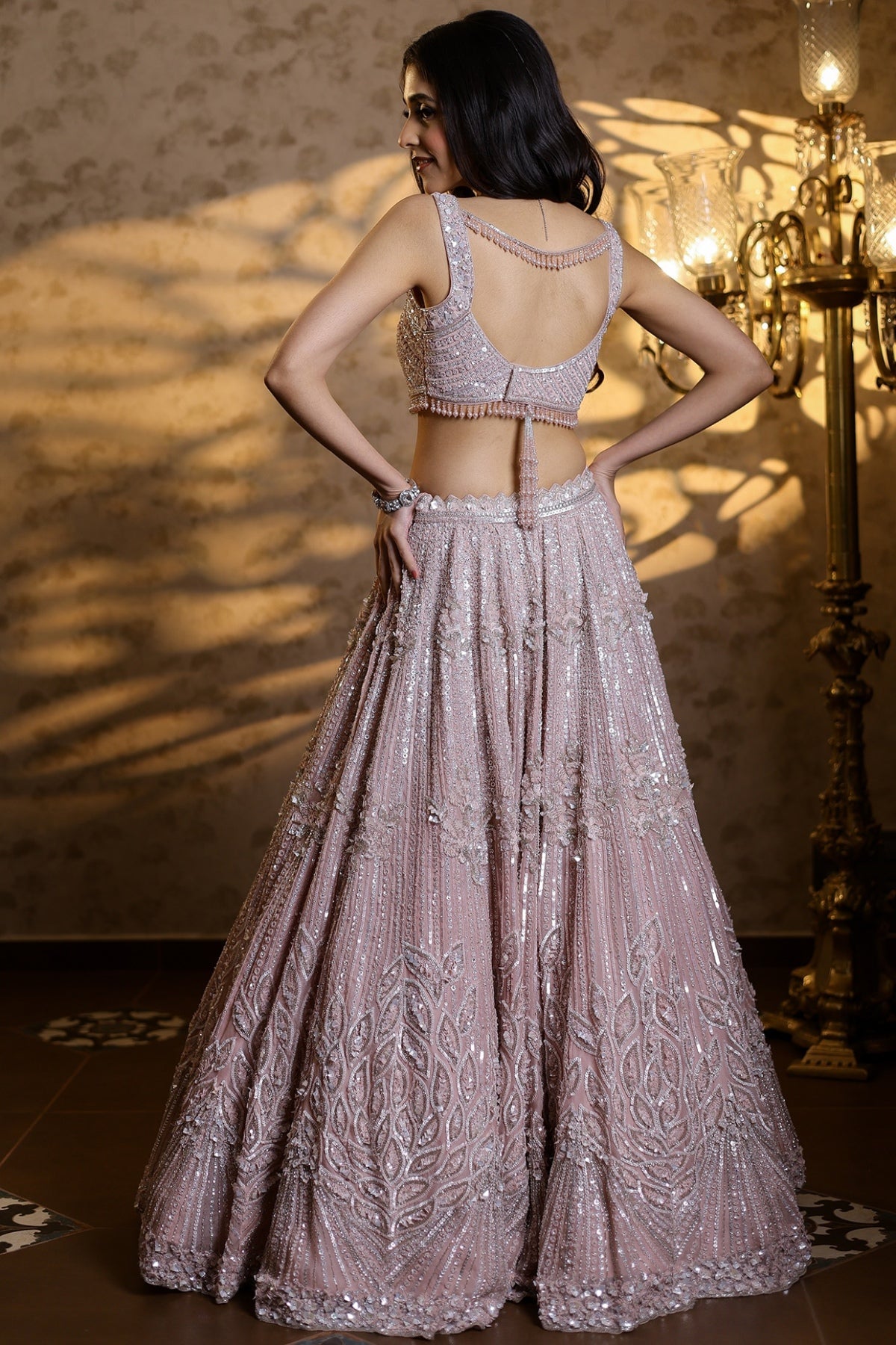 Powder Pink Organza Silk Hand Embroidered Lehenga Set