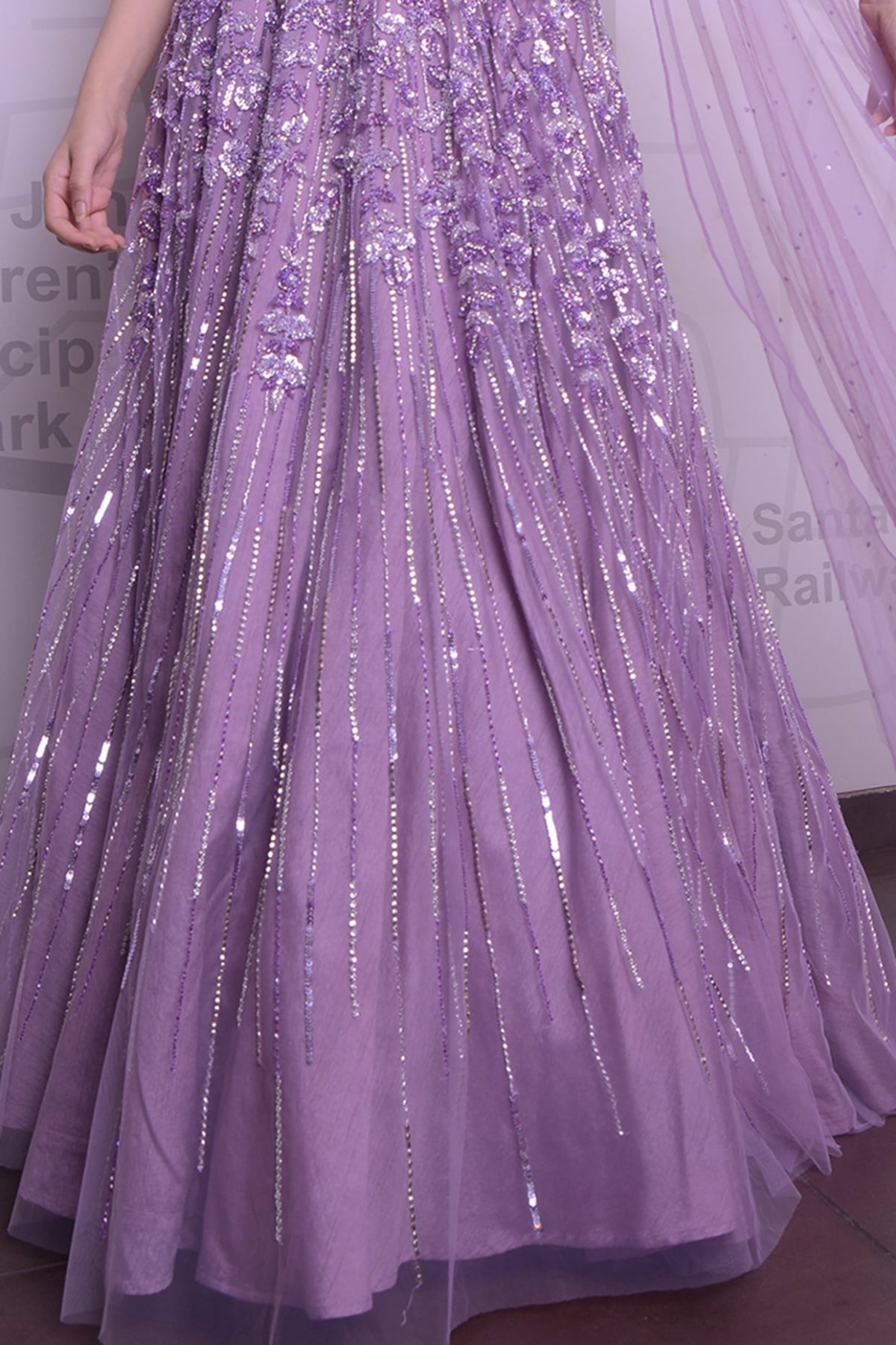 Lavender Net Crystal & Sequins Embroidered Lehenga Set
