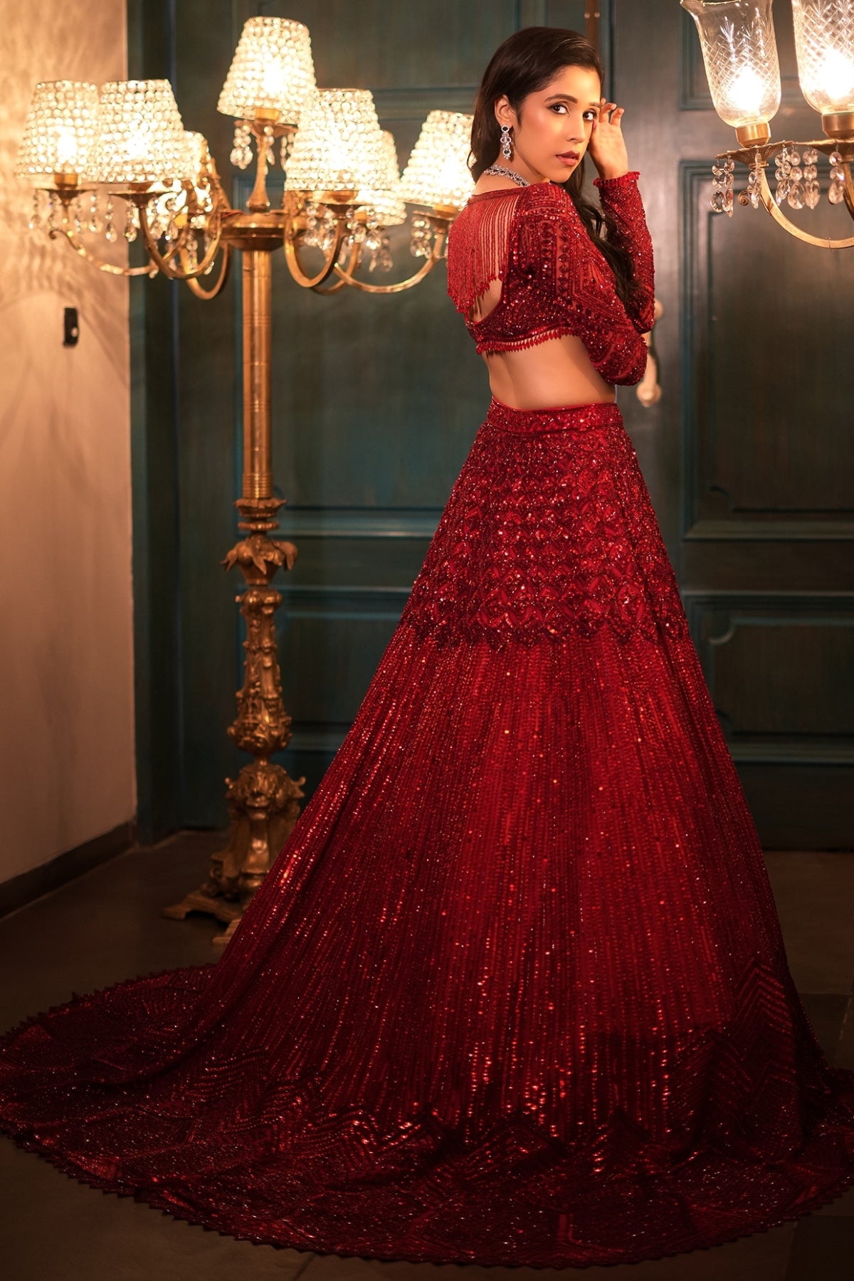 Deep Red Net Sequins & Crystal Embroidered Lehenga Set