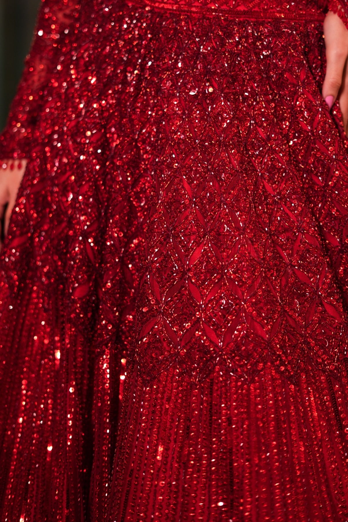 Deep Red Net Sequins & Crystal Embroidered Lehenga Set